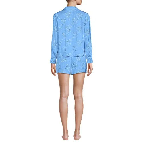 Women's Matte Satin 2 Piece Pajama Set - Long Sleeve Top and Shorts