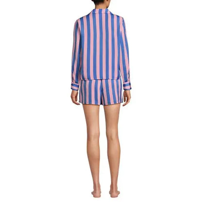 Women's Matte Satin 2 Piece Pajama Set - Long Sleeve Top and Shorts