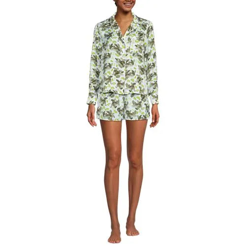 Women's Matte Satin 2 Piece Pajama Set - Long Sleeve Top and Shorts