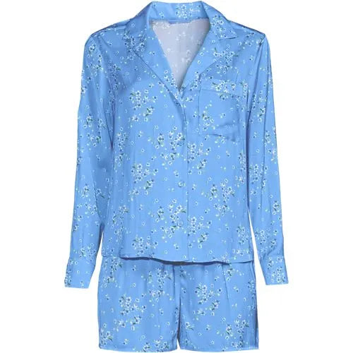 Women's Matte Satin 2 Piece Pajama Set - Long Sleeve Top and Shorts