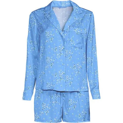 Women's Matte Satin 2 Piece Pajama Set - Long Sleeve Top and Shorts