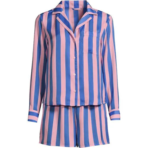 Women's Matte Satin 2 Piece Pajama Set - Long Sleeve Top and Shorts