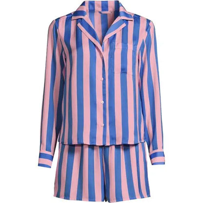 Women's Matte Satin 2 Piece Pajama Set - Long Sleeve Top and Shorts
