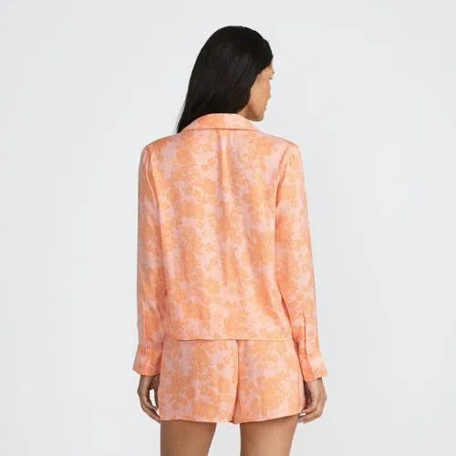 Women's Matte Satin 2 Piece Pajama Set - Long Sleeve Top and Shorts