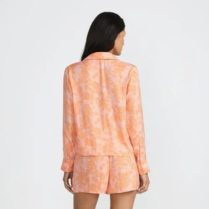Women's Matte Satin 2 Piece Pajama Set - Long Sleeve Top and Shorts