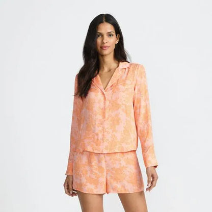Women's Matte Satin 2 Piece Pajama Set - Long Sleeve Top and Shorts