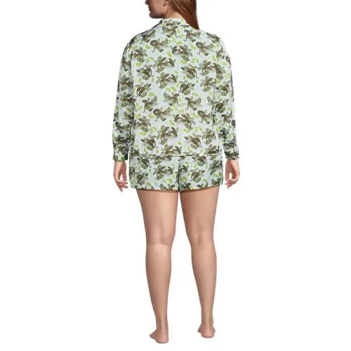 Women's Matte Satin 2 Piece Pajama Set - Long Sleeve Top and Shorts