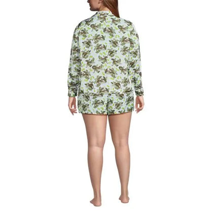 Women's Matte Satin 2 Piece Pajama Set - Long Sleeve Top and Shorts