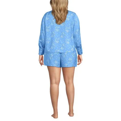 Women's Matte Satin 2 Piece Pajama Set - Long Sleeve Top and Shorts