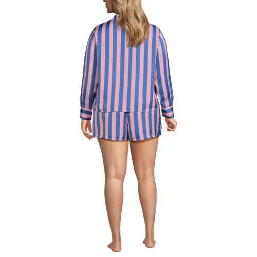 Women's Matte Satin 2 Piece Pajama Set - Long Sleeve Top and Shorts