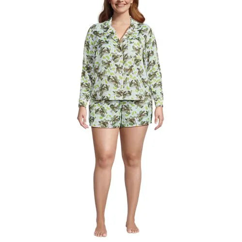 Women's Matte Satin 2 Piece Pajama Set - Long Sleeve Top and Shorts