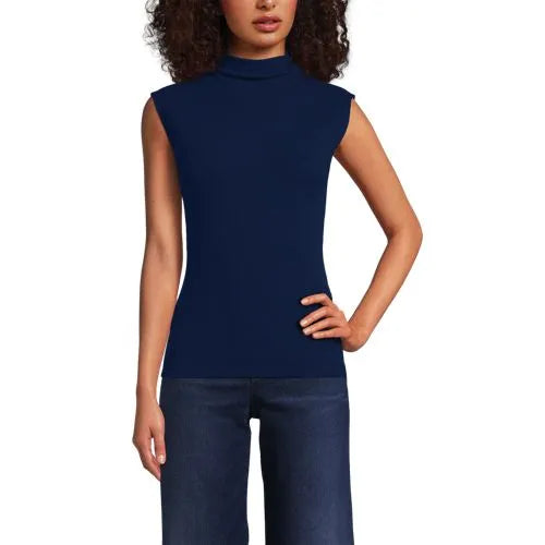 Women's Cap Sleeve Drapey Rib Fitted Funnel Neck Tank