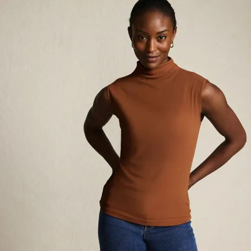 Women's Cap Sleeve Drapey Rib Fitted Funnel Neck Tank