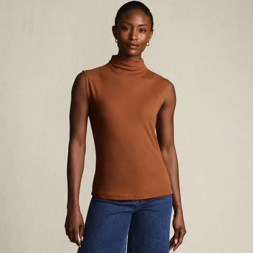 Women's Cap Sleeve Drapey Rib Fitted Funnel Neck Tank