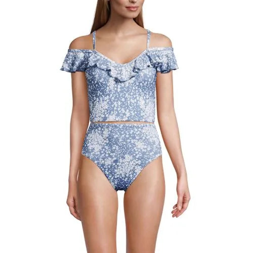 Women's Pique Ruffle Midkini Top and High Waisted Bottom Swimsuit Set