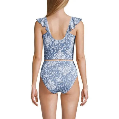 Women's Pique Ruffle Midkini Top and High Waisted Bottom Swimsuit Set