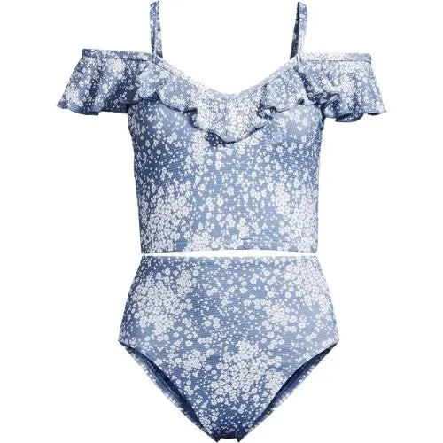Women's Pique Ruffle Midkini Top and High Waisted Bottom Swimsuit Set