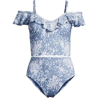 Women's Pique Ruffle Midkini Top and High Waisted Bottom Swimsuit Set