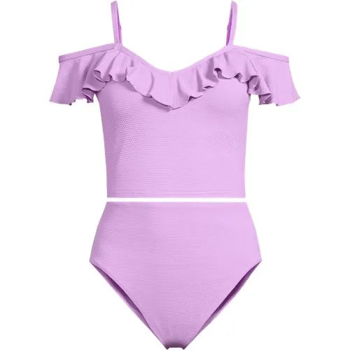Women's Pique Ruffle Midkini Top and High Waisted Bottom Swimsuit Set