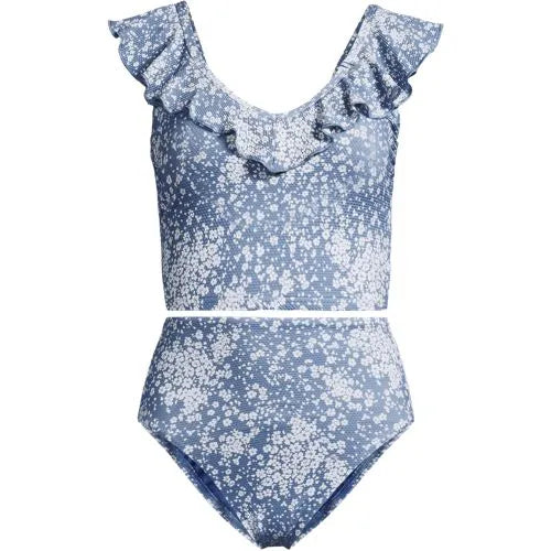 Women's Pique Ruffle Midkini Top and High Waisted Bottom Swimsuit Set