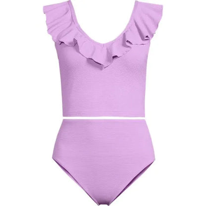 Women's Pique Ruffle Midkini Top and High Waisted Bottom Swimsuit Set