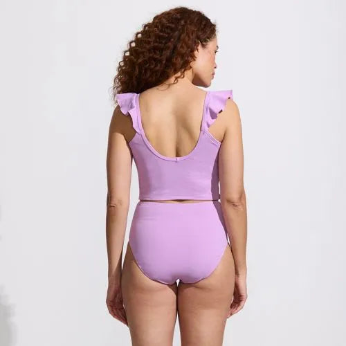 Women's Pique Ruffle Midkini Top and High Waisted Bottom Swimsuit Set