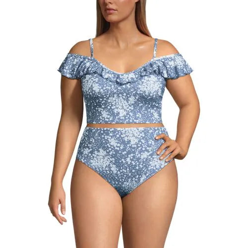Women's Pique Ruffle Midkini Top and High Waisted Bottom Swimsuit Set