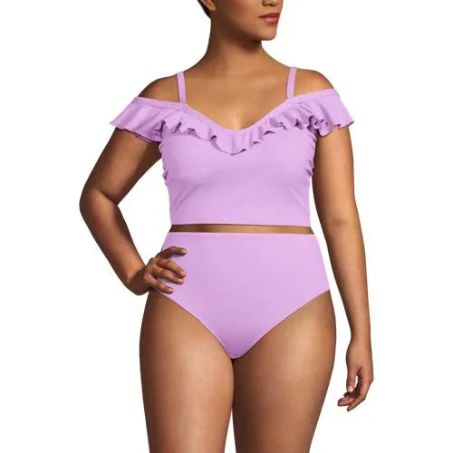 Women's Pique Ruffle Midkini Top and High Waisted Bottom Swimsuit Set