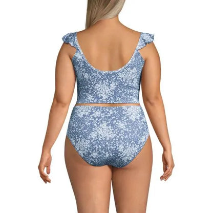 Women's Pique Ruffle Midkini Top and High Waisted Bottom Swimsuit Set