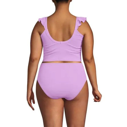 Women's Pique Ruffle Midkini Top and High Waisted Bottom Swimsuit Set