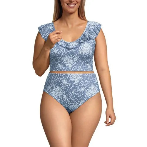 Women's Pique Ruffle Midkini Top and High Waisted Bottom Swimsuit Set