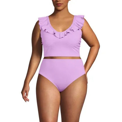 Women's Pique Ruffle Midkini Top and High Waisted Bottom Swimsuit Set