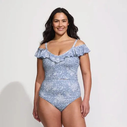 Women's Pique Ruffle Midkini Top and High Waisted Bottom Swimsuit Set