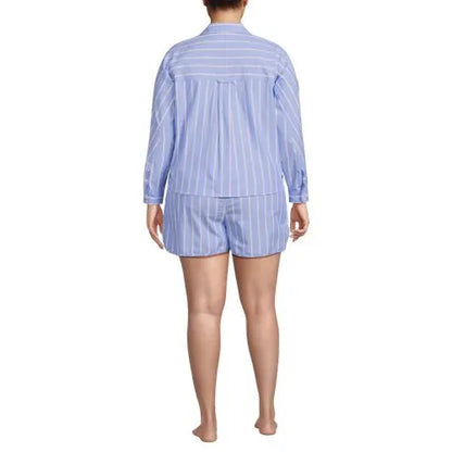 Women's Cotton Poplin 2 Piece Pajama Set - Long Sleeve Top and Shorts with Piping