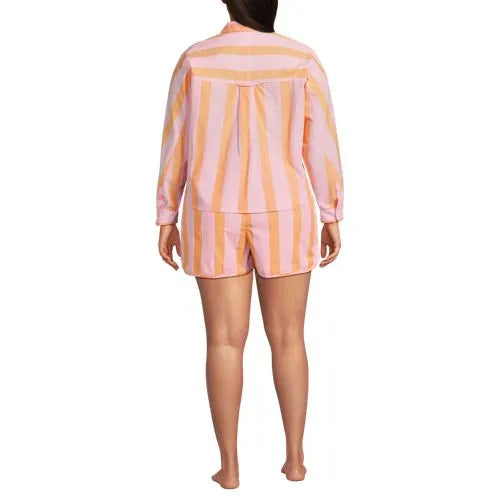 Women's Cotton Poplin 2 Piece Pajama Set - Long Sleeve Top and Shorts with Piping