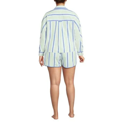 Women's Cotton Poplin 2 Piece Pajama Set - Long Sleeve Top and Shorts with Piping