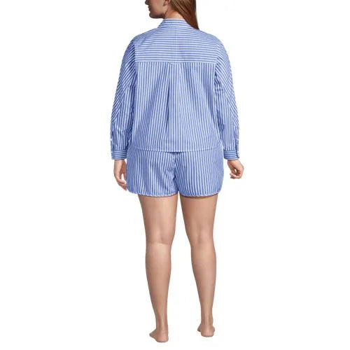 Women's Cotton Poplin 2 Piece Pajama Set - Long Sleeve Top and Shorts with Piping