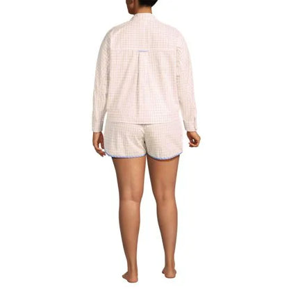 Women's Cotton Poplin 2 Piece Pajama Set - Long Sleeve Top and Shorts with Piping