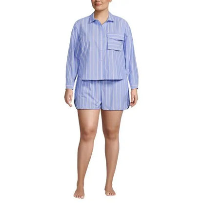 Women's Cotton Poplin 2 Piece Pajama Set - Long Sleeve Top and Shorts with Piping