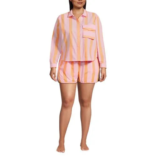 Women's Cotton Poplin 2 Piece Pajama Set - Long Sleeve Top and Shorts with Piping