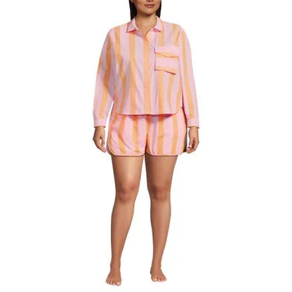 Women's Cotton Poplin 2 Piece Pajama Set - Long Sleeve Top and Shorts with Piping