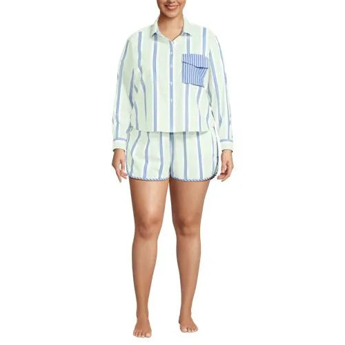 Women's Cotton Poplin 2 Piece Pajama Set - Long Sleeve Top and Shorts with Piping