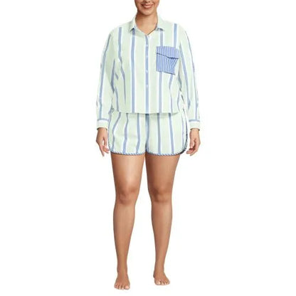 Women's Cotton Poplin 2 Piece Pajama Set - Long Sleeve Top and Shorts with Piping
