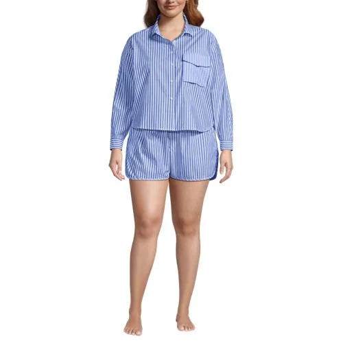 Women's Cotton Poplin 2 Piece Pajama Set - Long Sleeve Top and Shorts with Piping