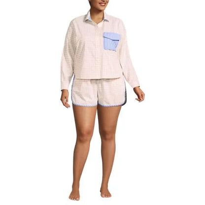 Women's Cotton Poplin 2 Piece Pajama Set - Long Sleeve Top and Shorts with Piping
