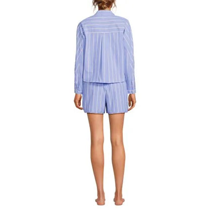 Women's Cotton Poplin 2 Piece Pajama Set - Long Sleeve Top and Shorts with Piping
