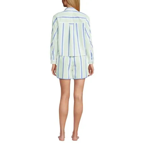 Women's Cotton Poplin 2 Piece Pajama Set - Long Sleeve Top and Shorts with Piping