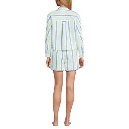 Women's Cotton Poplin 2 Piece Pajama Set - Long Sleeve Top and Shorts with Piping