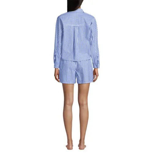 Women's Cotton Poplin 2 Piece Pajama Set - Long Sleeve Top and Shorts with Piping