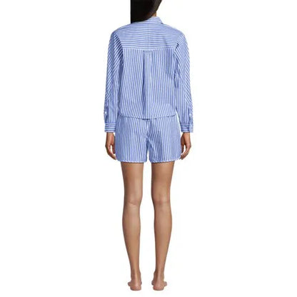 Women's Cotton Poplin 2 Piece Pajama Set - Long Sleeve Top and Shorts with Piping